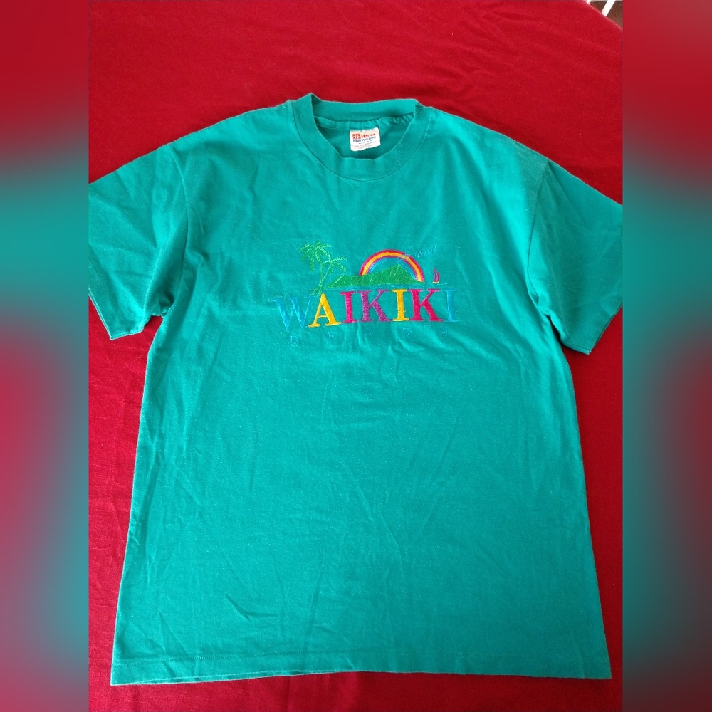 Vintage Waikiki Beach Hawaii T Shirt Single Stitch Embroidered Tee Large Women's